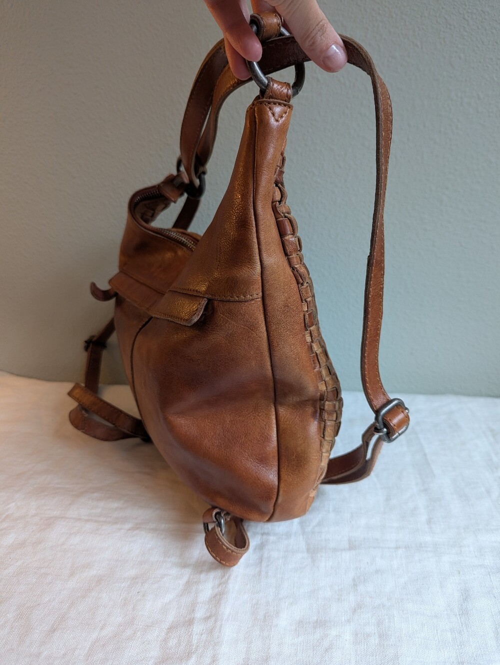 Vilenca Holland Anthropologie Woven Leather Backpack Bag Purse Patina Travel - Picture 6 of 14